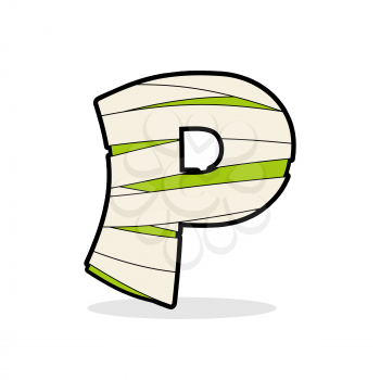 Letter P Mummy. Typography icon in bandages. Horrible Egyptian elements template zombies alphabet. ABC concept type as logotype.