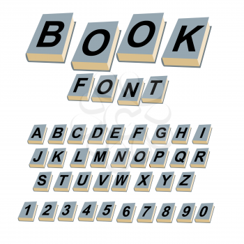 Font book. Alphabet on covers of books.  ABCs of log on vintage hardcover books. Old books with letters. Set of alphabetic characters and digits creative for  text.