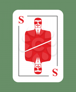 Playing card security. Conceptual new card suit. Secret agent in glasses. Protects another playing card
