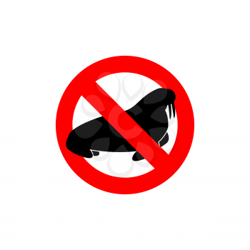 Stop  walrus. Seal is prohibited. Frozen Arctic animal swimming cat silhouette. Emblem of big scary beast. Red forbidding character. Ban animals with fangs