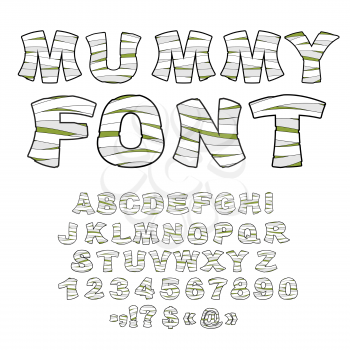 Mummy font. Alphabet in bandages. Monster zombie Letters of  Latin alphabet. Learned embalming letters. Ancient Egyptian Type letters, numbers and punctuation marks.