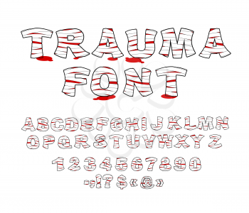 Trauma font. Crippled letters wrapped medical bandages. Traumatized Letters and numbers. Treatment of  alphabet. Patient blood Font