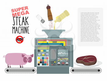 Super mega steak machine. Manufacturing system for release of meat. No need to fry in a pan. Fill with oil, salt and pepper. Manufacture of fried pieces of meat from pigs. Concept of automated mechani
