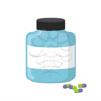 Sports nutrition container, bodybuilding supplements. Dope capsules. Vector illustration
