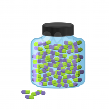 Pills in bottle. Transparent glass container for medication on a white background. Vector illustration medication
