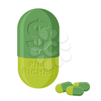 Tablet for wealth. Pill rich. Medical product with dollars. Vector illustration.