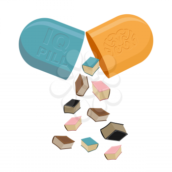 Pills for mind. Medication to increase IQ. Books in Tablet. Vector illustration