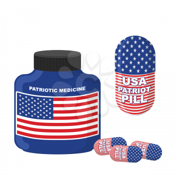 Patriotic medicine USA. Pills with flag of America. Vector illustration. Bottle with pills.
