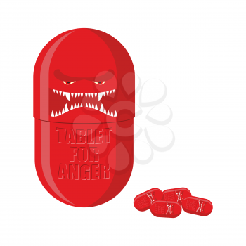 Pill of anger. Red Tablet with a scary face. Medicine with for ferocity. Vector illustration.