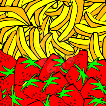 Big pile bananas, cartoon cheerful banana, Big pile Strawberry, cartoon cheerful Strawberry,