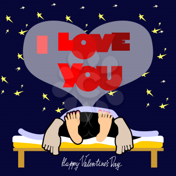 Valentine, joyful unusual Valentine's Day Card, a funny, dark background, sex on a bed, love and relationships between people, I love you. Man and woman On the bed in the dark. valentine funny
