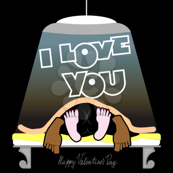 Valentine, joyful unusual Valentine's Day Card, a funny, dark background, sex on a bed, love and relationships between people, I love you. Man and woman On the bed in the 
