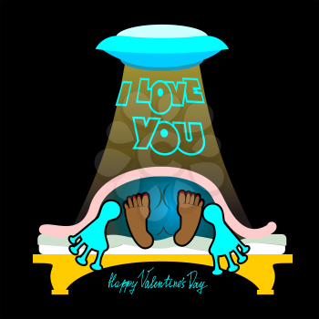 Valentine, joyful unusual Valentine's Day Card, a funny, dark background, sex on a bed, love and relationships between people, I love you. Man and alien, UFO. On the bed in the dark. valentine funny