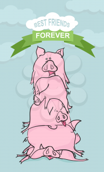 Best friends forever. Funny Pig. Farm animals on blue background