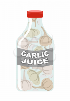 Garlic juice. Juice from fresh vegetables. Garlic in a transparent bottle. Vitamin drink for healthy eating. Vector illustration.
