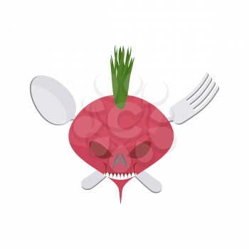 Veggie logo. Scary beet with eyes and teeth. Fork and spoon. Vector emblem
