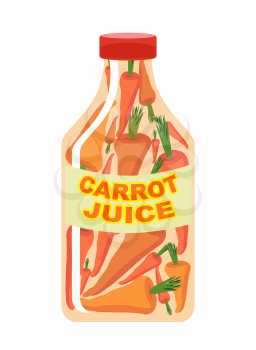 Carrot juice. Juice from fresh vegetables. Carrots in a transparent bottle. Vitamin drink for healthy eating. Vector illustration.
