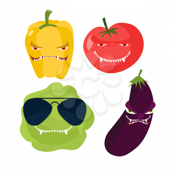 Scary vegetables. Cabbage in glasses, horrible pepper, ferocious tomato. Vector illustration