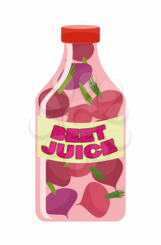 Beet juice. Juice from fresh vegetables. Beets in a transparent bottle. Vitamin drink for healthy eating. Vector illustration.
