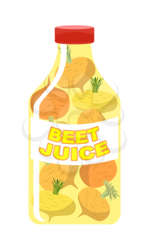 Turnip juice. Juice from fresh vegetables. Turnip in a transparent bottle. Vitamin drink for healthy eating. Vector illustration.
