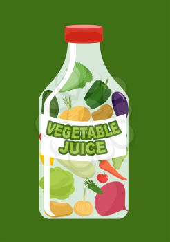 Vegetables juice. Juice from fresh vegetables. Carrot and cucumber, turnips and Aubergine in a transparent bottle. Vitamin drink for healthy eating. Vector illustration.