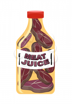 Meat juice in a transparent bottle. Drink for men. Funny cartoon vector illustration.
