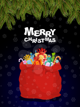 Merry Christmas. Bag full of gifts. Christmas night  and Santa Red bag with childrens gifts. FIR branches and lot of toys. Gift box and  robot. Magical night of holiday.
