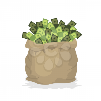 Bag money. Large burlap sack with cash. Dollars in bag. Wealth in  bag.
