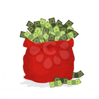 Money bag Santa Claus. Big Red festive bag filled with dollars. Many cash in bag. Illustration for new year and Christmas.
