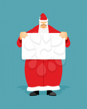 Good Santa Claus holding blank sign with space for text. Christmas man with white paper. Christmas Santa in red coat with  white banner.