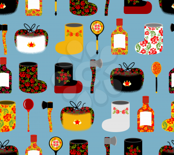 Russia seamless pattern. Russian national objects: boots and wooden spoon. Vodka and an axe. Ushanka winter Hat traditional to Russia