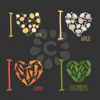 Set: I love vegetables: carrots and garlic. Symbol of heart of onions and cucumbers. Collection of signs for vegetarian food lovers.
