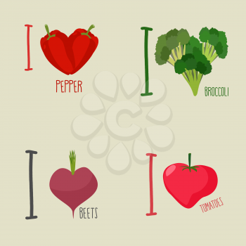 I love vegetables: broccoli and beetroot. Symbol heart of peppers and tomatoes. Set Vegetarian emblem.
