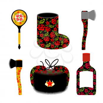 Traditional set of icons for Russia: boots, axe and Ushanka. Wooden spoon and vodka. Russian national elements of culture of country.