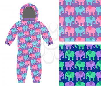 Childrens winter overalls. Fabric seamless pattern cute elephant. Set of backgrounds for children. Animal from jungle for children's clothing.
