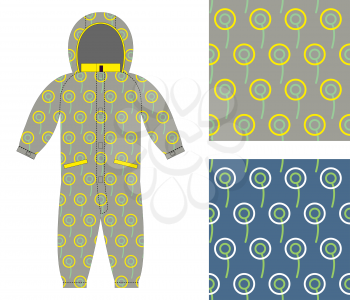 Stylish childrens clothing. Fashionable overalls for boy or girl. Set of seamless pattern of circles for baby tissue.

