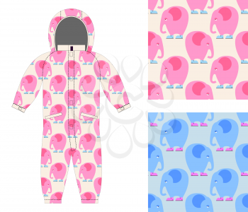 Jumpsuit child structure from cute elephant in shoes. Set of seamless pattern of sad pink elephant. Background for fabrics: for boys and girls.
