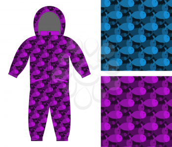 Childrens apparel template. Jumpsuit with pattern of fish. 3D background of marine, ocean animal. Options for textures fabric for kids: blue and purple.
