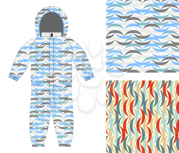 Childrens clothing coverall of an abstract pattern. Set of seamless textures for baby tissue. Color waves background.

