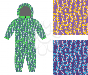 Children winter coverall template with an abstract pattern. Set of seamless textures for baby clothes. Geometric shapes background.
