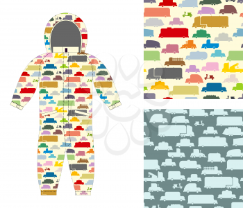 Clothes for children. Kids overalls. Texture of toy transport. Set of cars seamless pattern for baby tissue. Merry ornament from cartoon part of it  silhouette automobile.
