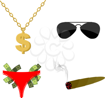 Pimps set Accessory. Dollar sign on chain. Panties strippers and  lot of money. Sunglasses and cigar. Attributes for rapper and hip hop musicians.
