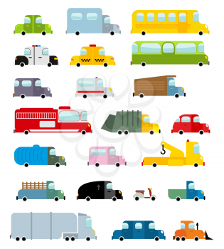 Car set cartoon style. Big transport icons collection. Ground set vehicles. Ambulance and school bus. Scooter and fire truck. Police car and a hearse. Childrens vehicles