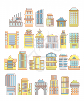 Collection of buildings, houses and architectural objects. Urban elements in cartoon style. Icons of public buildings and facilities. Skyscrapers and arches. Tower and hospital. Municipal offices and 