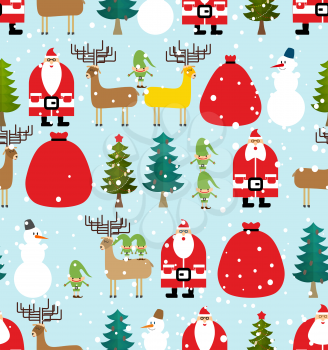 Winter pattern for Christmas and new year. Seamless background from elements of feast: Santa Claus and reindeer. Bag of gifts and Elf. Christmas tree and snowman.