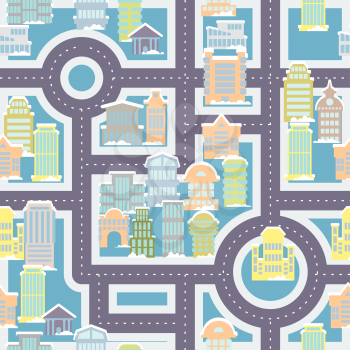 City street seamless pattern. Public buildings and skyscrapers. Cute ornament houses and roads for childrens fabric. Large urban background. baby vehicle pattern. Texture of town.