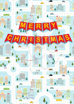 Merry Christmas. Greeting card winter city on eve of new year. Garland with letters.