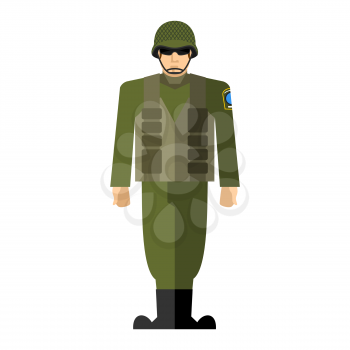 Soldiers. Vector illustration of a military man. Army clothing, full of ammunition: helmet and body armor.
