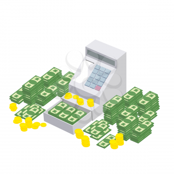 Open Cash Register Machine with a lot of money. Seller box to store proceeds at  store. Vector illustration
