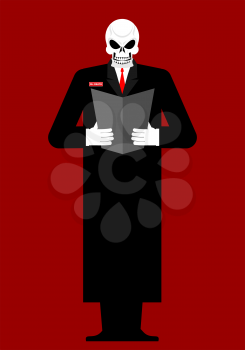 Mr Death. Skeleton in a black cloak. Reads last will and Testament. Vector illustration
